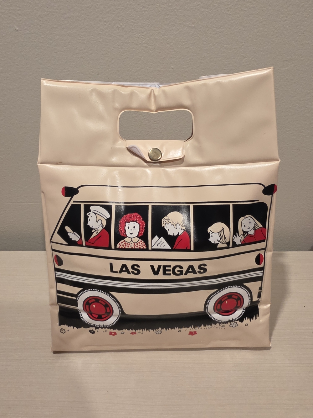 Vintage 70s Las Vegas Souvenir Vinyl Tote Bag Retro Tour Bus Kitsch